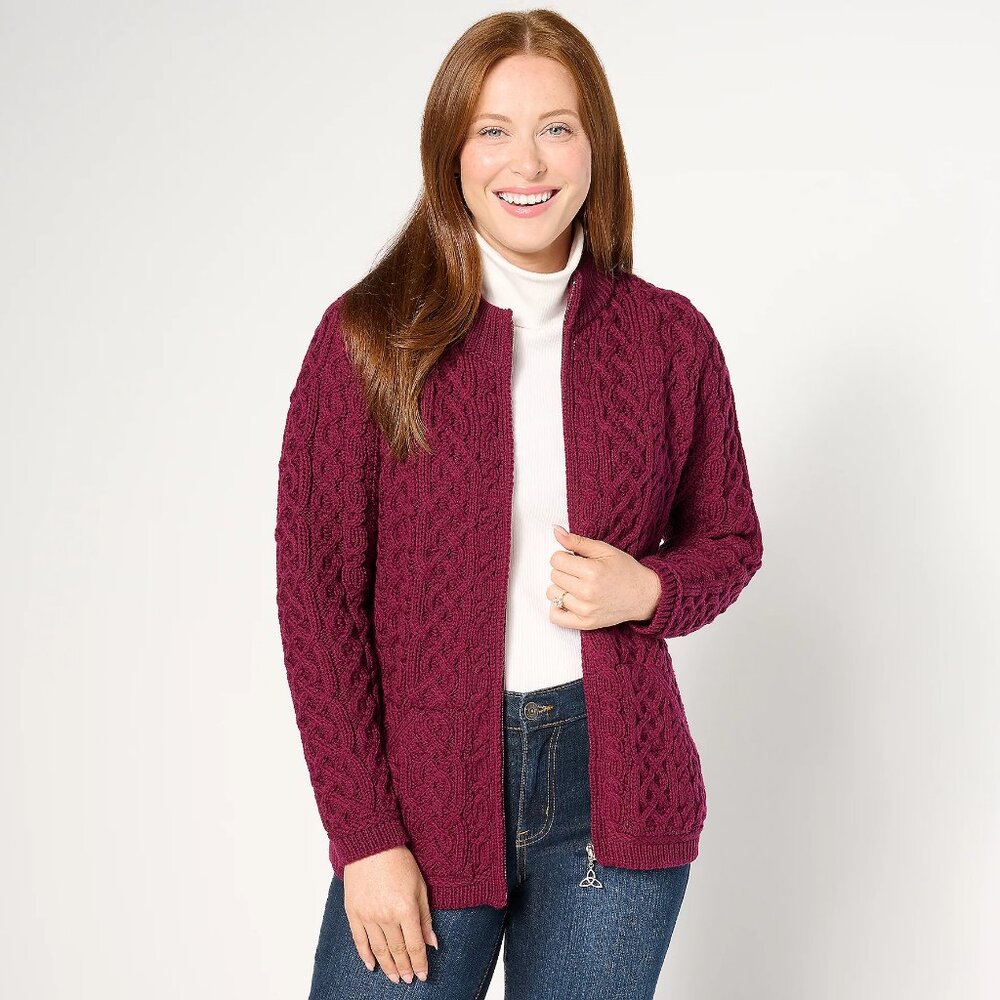 NEW Aran Crafts Merino Wool Zip-Front Cardigan in Wine, sz XL